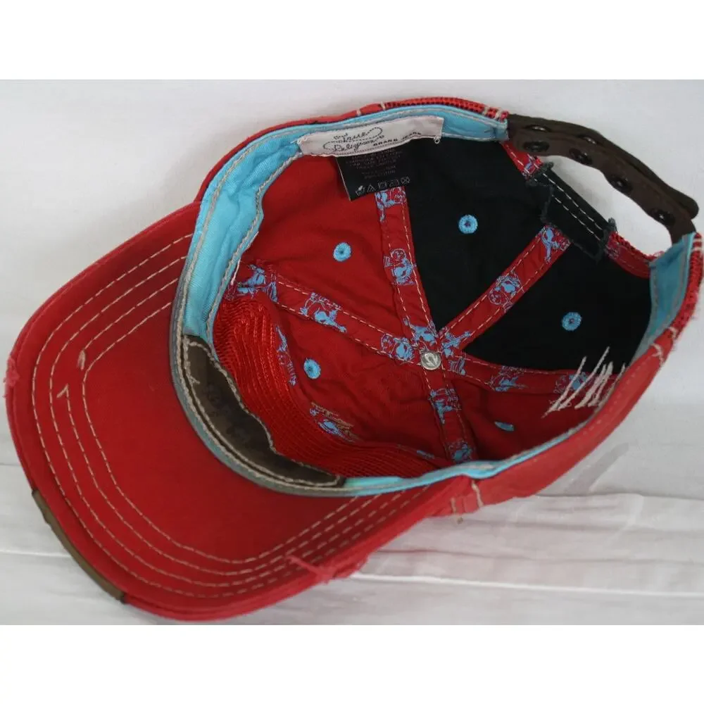 True Religion Hat Mens OSFA Red Distressed Trucker Cap Y2K Buddha Logo